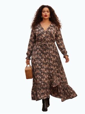 BTFBM Dark Floral Tiered Maxi Dress V-Neck Long Sleeve Ruffle Boho Size XXL